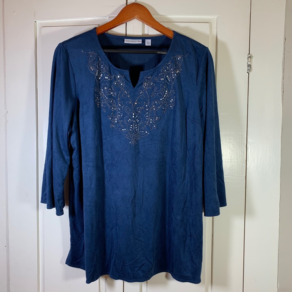 Susan Graver Embellished Top Long‎ Sleeve Blue Tunic Women's Large Soft